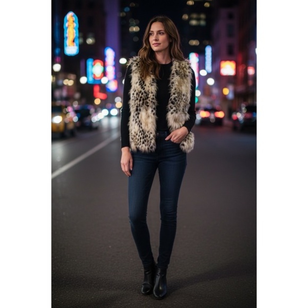 Democracy Faux Fur Leopard Print Vest Women Medium Black Knit‎ Back Mixed Media